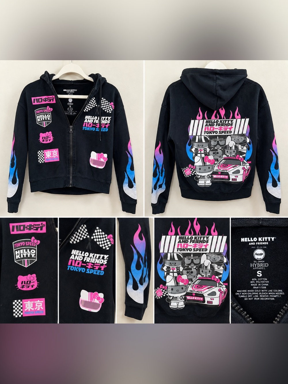 Hello Kitty & Friends Tokyo Speed Racing Zip Hoodie Black Pink Sanrio Size S